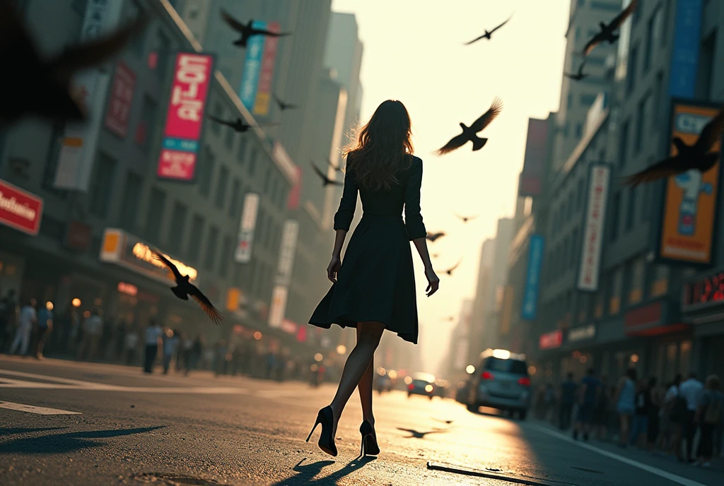 ((Masterpiece, Top Quality, High Resolution, Photorealistic, Extremely detailed CG unified 8k wallpaper)), Woman walking in the city, view from above, bird's eye view, gazing at the woman's feet, high heels, shadows of birds flying on the asphalt, depth of field, motion blur, fisheye lens,