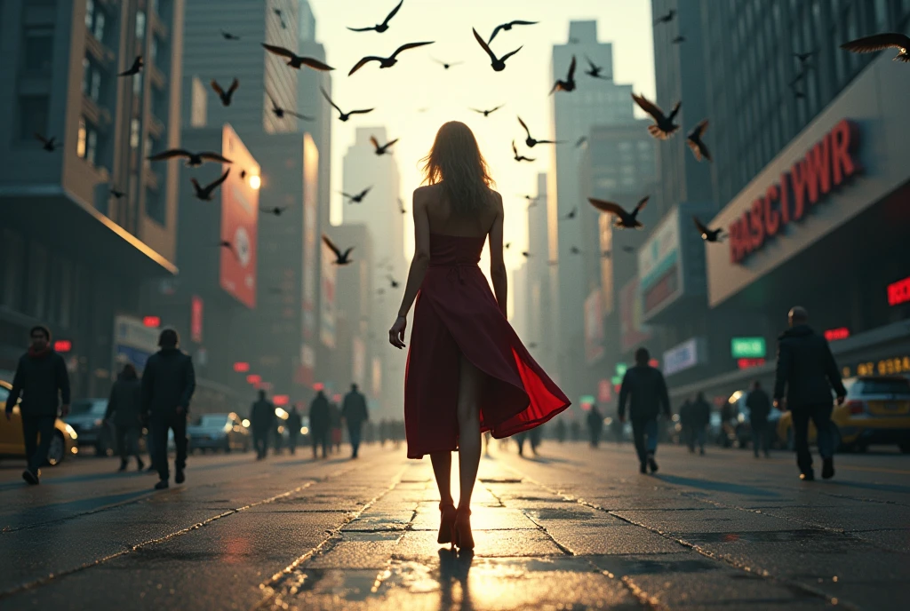 ((Masterpiece, Top Quality, High Resolution, Photorealistic, Extremely detailed CG unified 8k wallpaper)), Woman walking in the city, view from above, bird's eye view, gazing at the woman's feet, high heels, shadows of birds flying on the asphalt, depth of field, motion blur, fisheye lens,