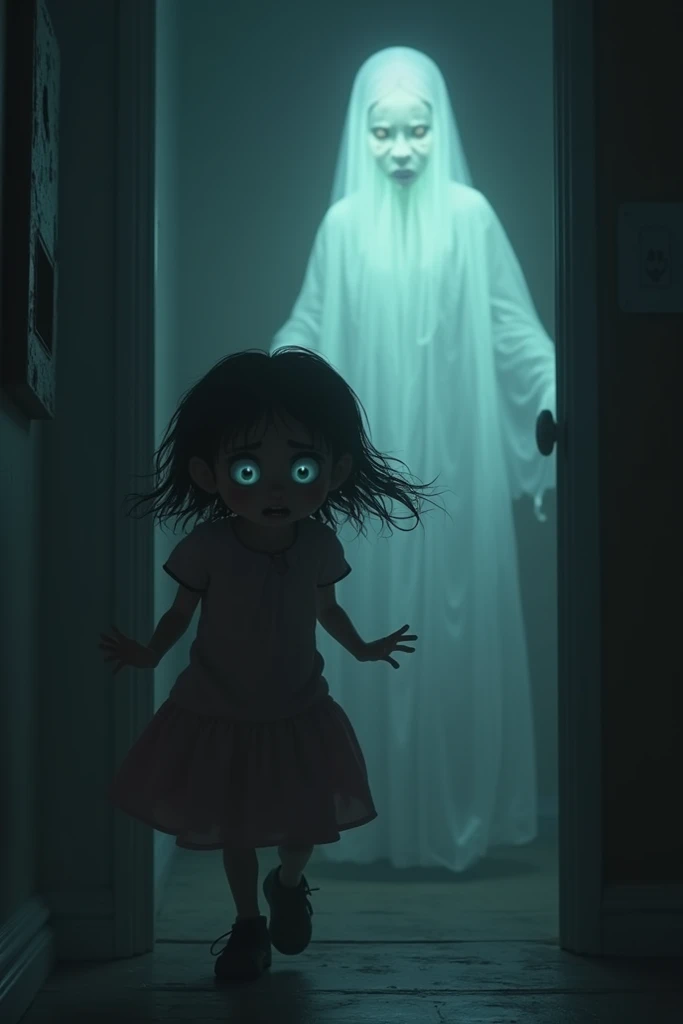 The girl, now terrified, sprints down a narrow aisle between bookshelves, glancing over her shoulder as the ghost materializes fully behind her, its hollow eyes glowing in the dark, and its wispy form trailing like smoke