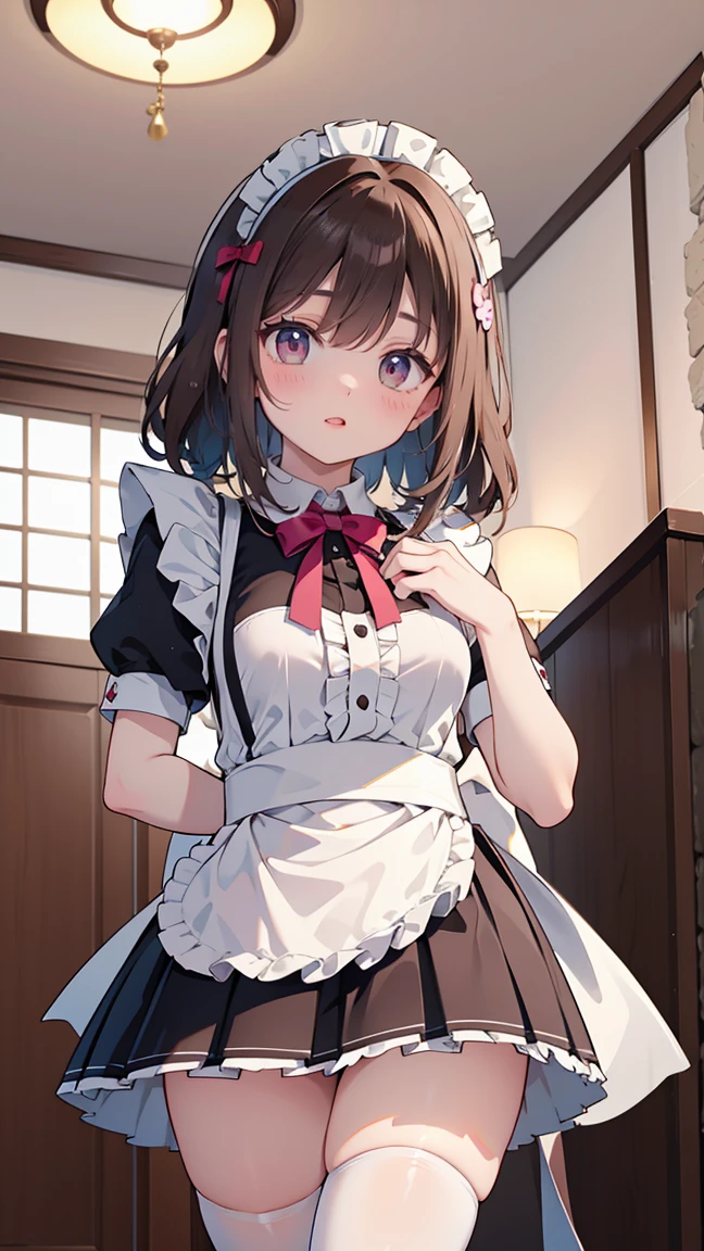This illustration shows a girl sitting on the floor，She transforms into the image of a bunny girl，The illustration presents a very detailed cover art effect。The scene is depicted very delicately。She is dressed in a role-play costume in a maid costume，The whole gives a sense of innocence，There is a love motif in the picture，The overall picture has a jagged edge effect，Taken together，This illustration creates a naïve scene，Featuring the image of a bunny girl，And mixed with elements of Lovecraft， Embarrassing face　Embarrassed cheeks turning red　Startled　surprise