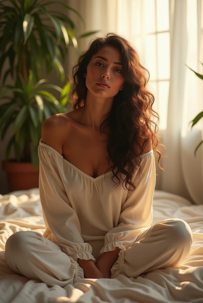 (photorealism:1.2), beautiful woman, sitting on bed, wearing loose off-shoulder top, pajama pants, long curly hair, indoors, soft lighting, plants in background, window with sunlight, cozy room, relaxed pose, realistic, intricate details, warm colors, by Greg Rutkowski, by Alphonse Mucha
