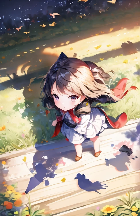 (  It's high definition  ，  best quality， masterpiece :1.2),  ((Big shadows on the ground of flying birds:1.3))，  1 girl,  Baby kitsune， smaller，cute， Professional Photoshoot ，Angle from above