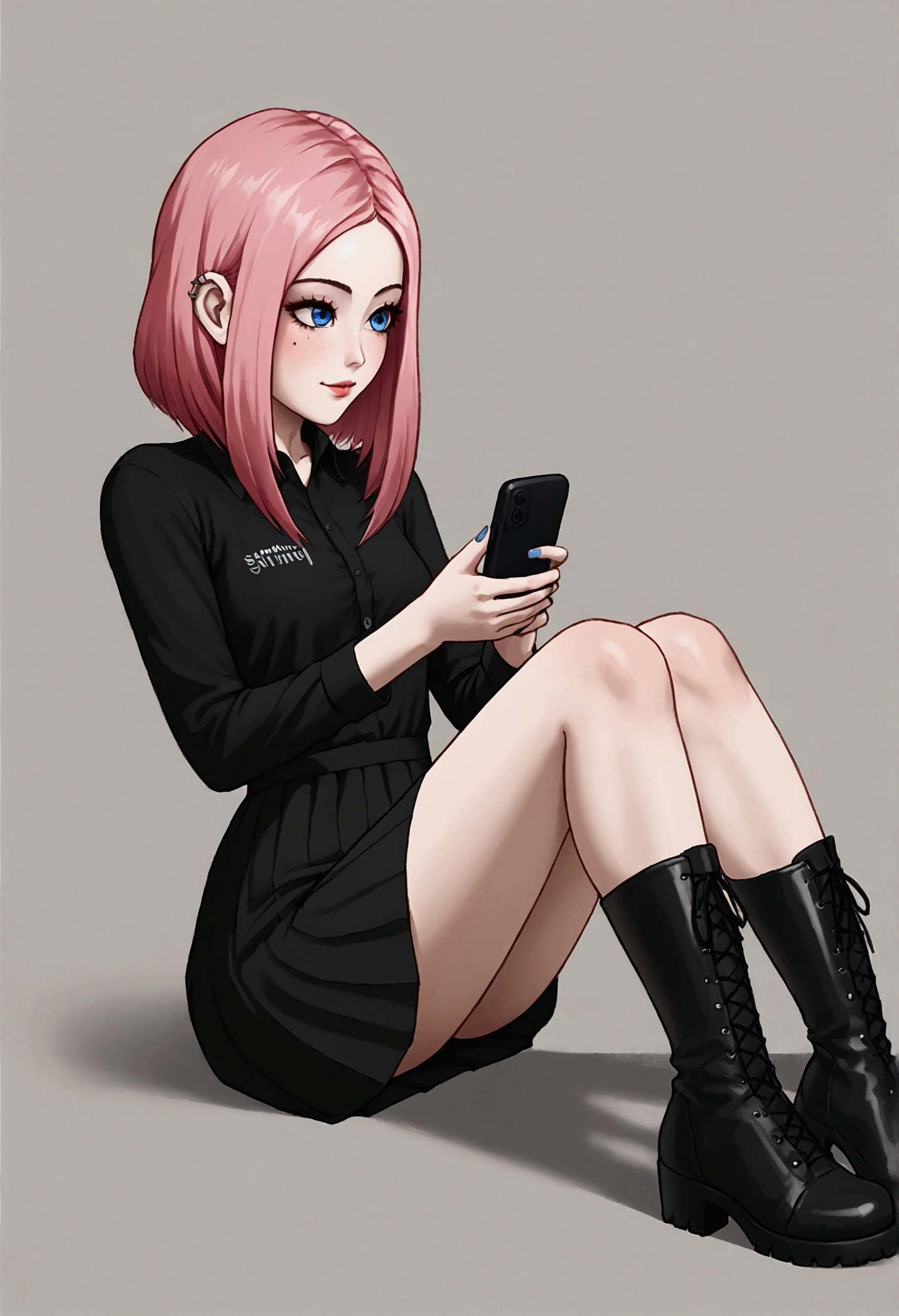 A girl, gothic, Ojos rojos, very red , beautiful, Detailed, Detailed,  with a black skirt ,  a long sleeve black blouse, black boots, adorable , very pretty, anime, sitting, playing with his cell phone,  Samsung ,  pink hair,