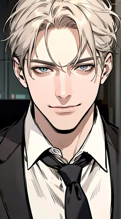 (best quality,4k,8k,highres,masterpiece:1.2),ultra-detailed,(realistic,photorealistic,photo-realistic:1.37),1 man,35 years old,mature man,very handsome,without expression,smile,short grey blond hair,blue eyes,penetrating gaze,perfect face without errors,imposing posture,businessman,office background,cinematic lighting,hdr image