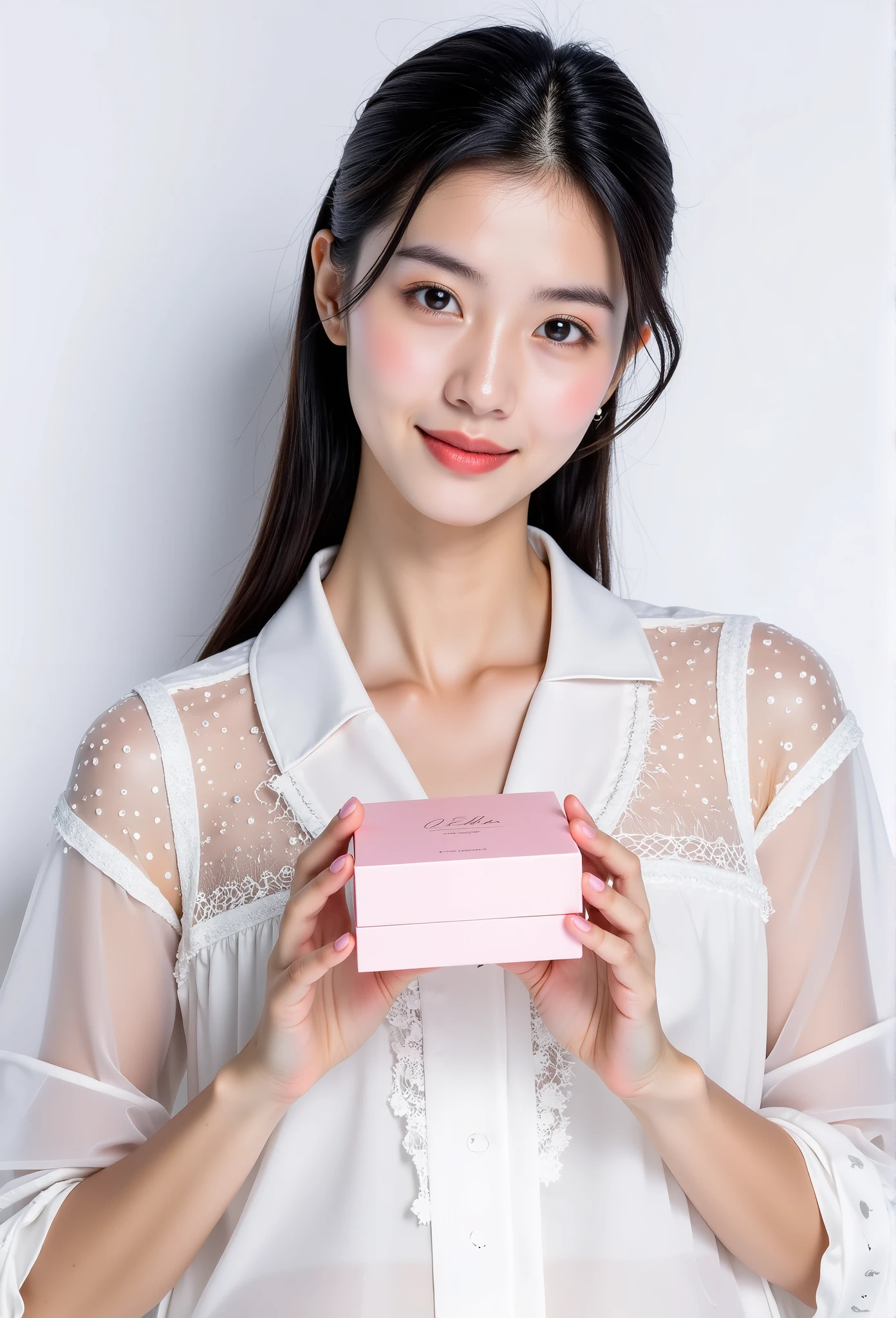 A sophisticated young woman with sleek black hair tied back into a low ponytail, exuding elegance and confidence. She is wearing a delicate white blouse with sheer polka-dot sleeves and lace details, holding a pink product box with both hands, showcasing it gracefully. Her expression is poised and friendly, with a subtle smile. The background is clean and minimalistic, pure white, creating a professional and high-end promotional look. Studio lighting, high detail, perfect for luxury product advertisements or beauty campaigns.