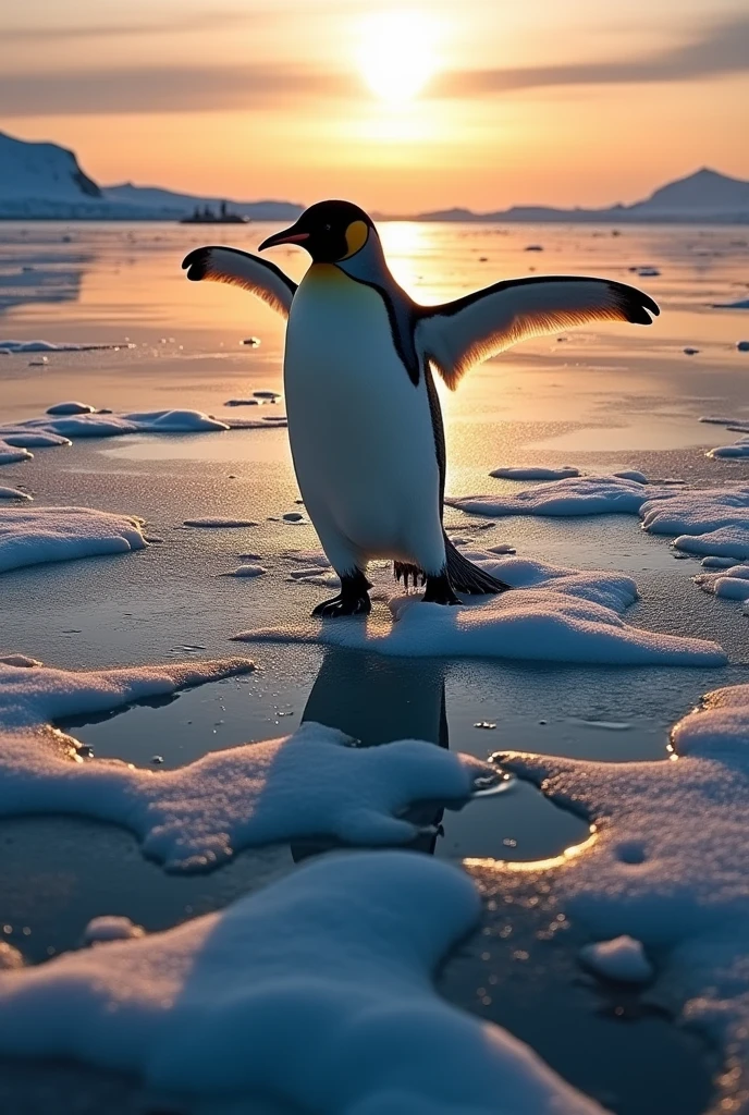 A dynamic scene of an Emperor Penguin jumping,with its shadow reflected on the water surface, set in the Arctic during sunset. The image captures the realism and energy of the moment, emphasizing the penguin's shadow as the focal point, showcasing the vibrant colors of the evening sky and the calm water.,((silhouette focus)),emperor penguin、jumping、Shadow claim、Perfect shadow form、casting a prominent shadow on the ice,fisheye,set in the Arctic during sunset.(From above)、The scene should be realistic, showcasing the contrast between the dark figure of the penguin and the shimmering ice surface reflecting the evening light.,