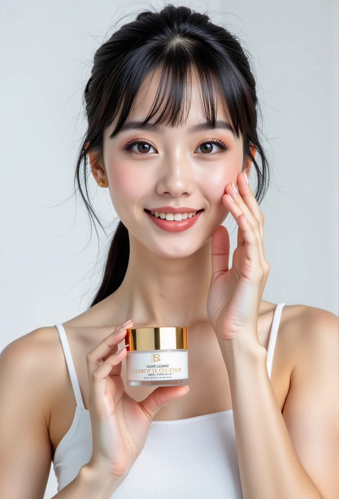 A radiant young woman with a glowing, natural complexion, styled with light bangs and a tied-back ponytail. She is wearing a sleeveless white top, gently smiling while holding a luxurious skincare jar with a golden lid in one hand, and her other hand lightly touching her face. The atmosphere is clean, fresh, and minimalistic with a pure white background. Studio lighting emphasizes her smooth skin and the elegance of the product. Perfect for beauty and skincare product campaigns with a modern and luxurious feel.