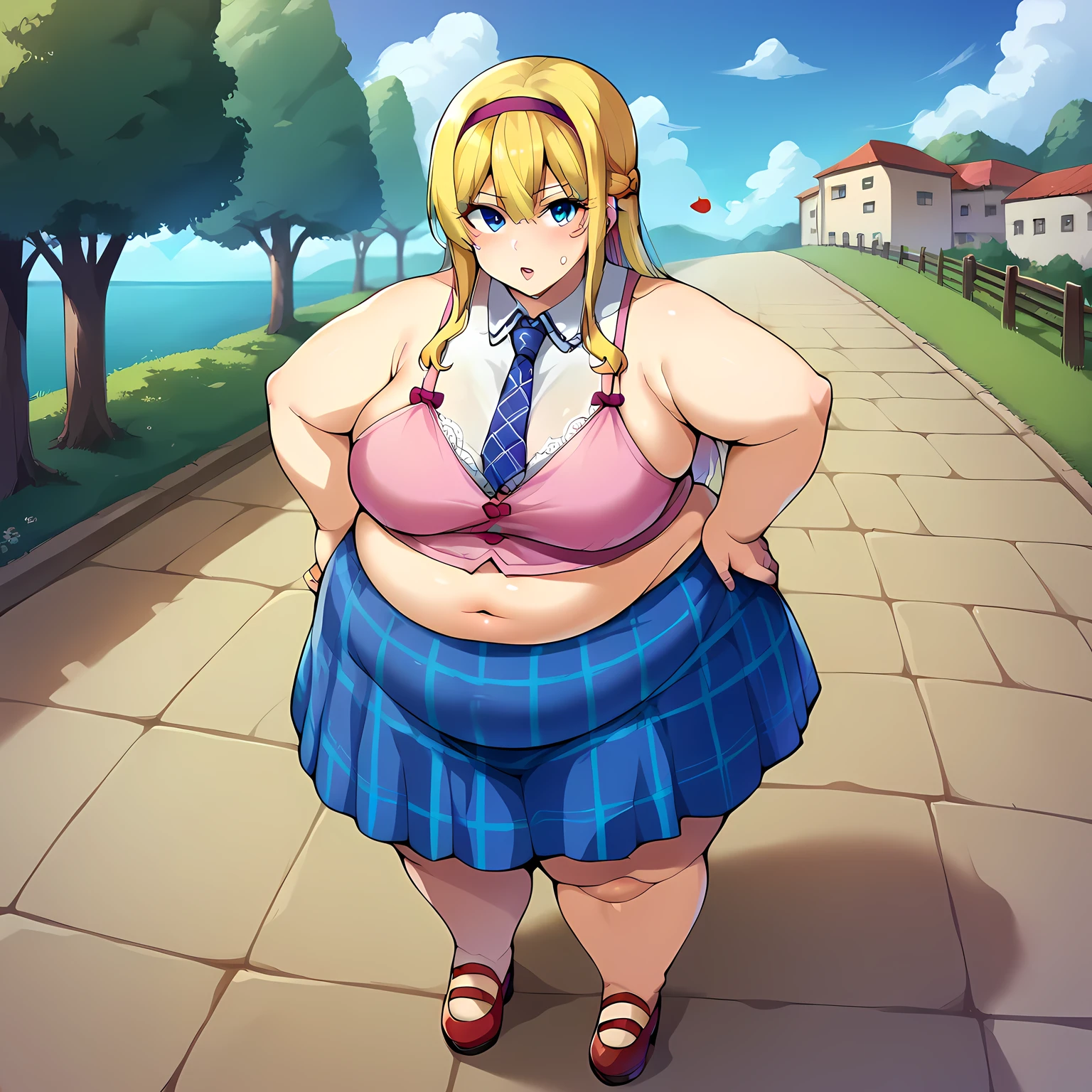 punctuation_9,punctuation_8_High above,punctuation_7_High above,punctuation_6_High above, Hiromitsu Takeda, Estilo,1 girl, breastsout, overskirt, thicc thighs, standing alone, blue colored eyes, necktie, , long hair, hair blue, hypdertailed, huge breastsout, chemise, tented chemise, plaid, plein-air, plaid overskirt, ssmile, hand on hip, looking ahead at viewer, blue overskirt, side locks, high hypdertailed, thicc thighs, sky, tree, fat, chubby, obese, gigantic arms and legs, large breasts open mouth, out of breath