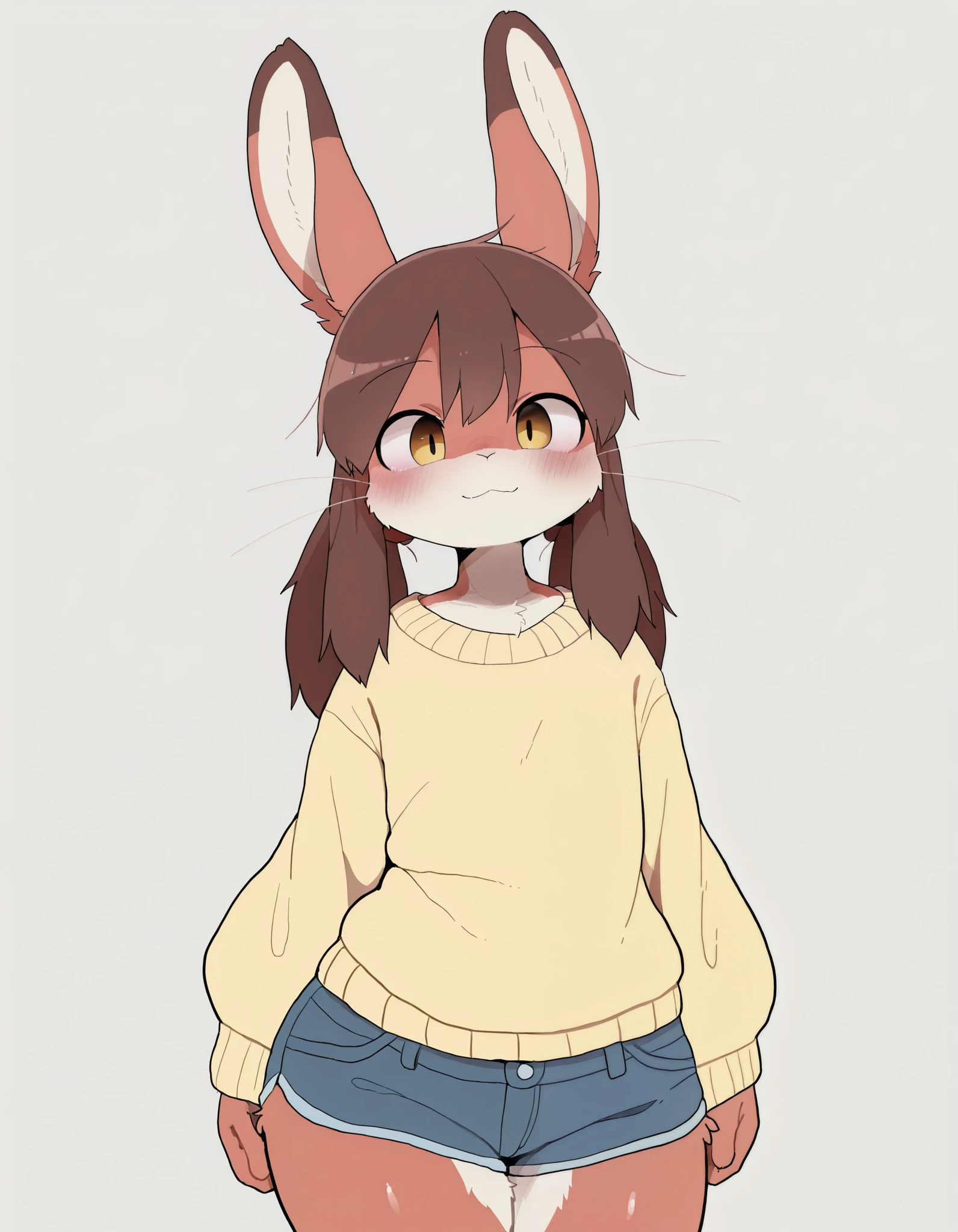 solo, dagasi_style, 1girl, furry female, furry, 1girl,, Very detailed illustration, (Anthropomorphic furry rabbit boy:1,7) , tousled voluminous hair, Playful look, Slim, ideal body, thin waist, wide hips, Simple drawing, Artifyber style, pastel flat colors, Cute, cartoon, sweater, short shorts