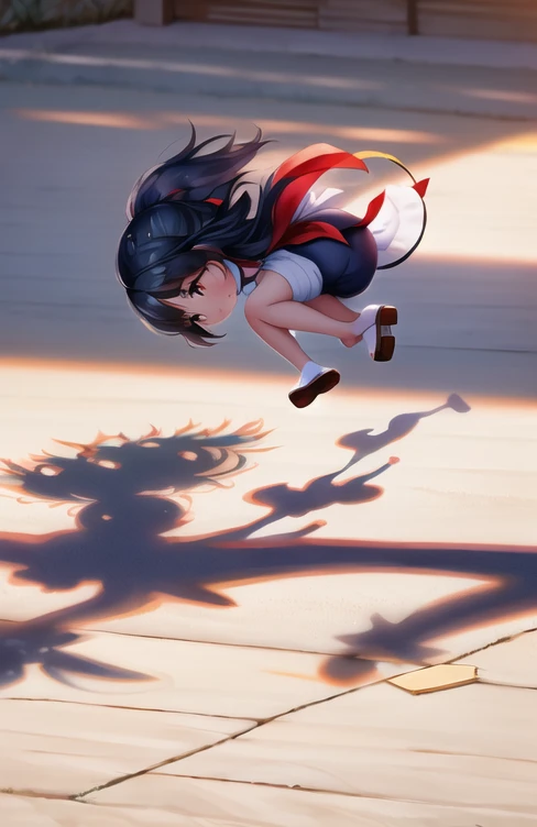 (  It's high definition  ，  best quality， masterpiece :1.2),  ((Shown on the ground:The Shadow of a Flying Bird:1.3))， kitsune，  1 girl,   smaller，cute， Professional Photoshoot ，Angle from above