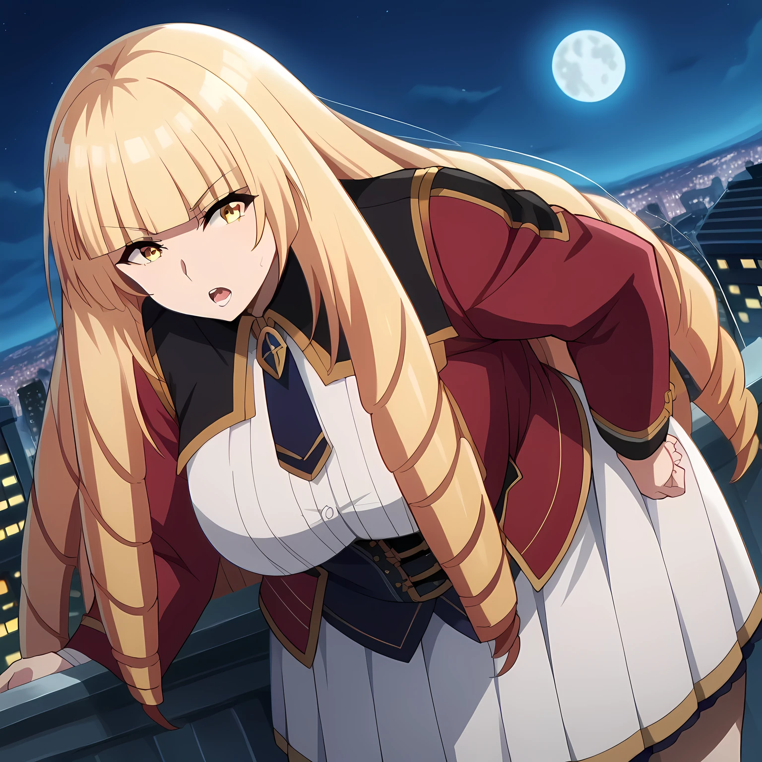 score_9, score_8_up, score_7_up, source_anime,
orianarose, oriana rose, long hair, blonde hair, yellow eyes, drill hair, bangs, blunt bangs, mature female,
skirt, jacket, necktie, white skirt, corset,
outdoors, cityscape, night, moon, bent over,
looking at viewer, dutch angle,fat, chubby, obese, gigantic arms and legs, large breasts open mouth, out of breath