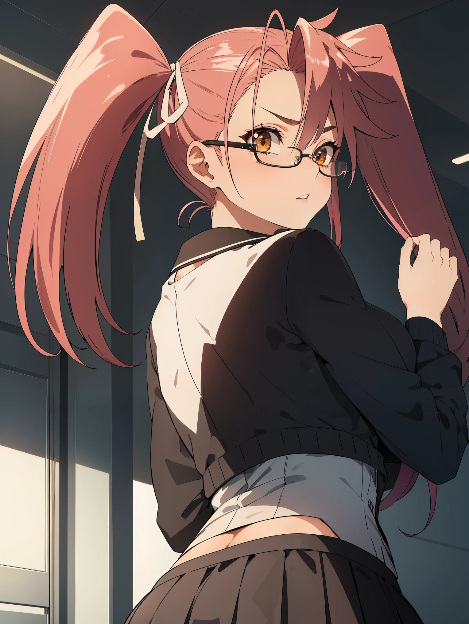 1girl,sayatakagi, saya takagi, long hair, ribbon, twintails, (brown eyes:1.5), hair ribbon, pink hair, glasses,
BREAK skirt, shirt, school uniform, white shirt, pleated skirt, collared shirt, sweater, grey skirt, ribbon, red ribbon, black sweater,
BREAK ( big butt :1.5), Cum Inside , slender body , view from behind , Medium Up Body Shot , Left Eye with Raised Eyebrows , seductive gaze , depth of writing, Gat, whole body, Close-up rear view
BREAK (masterpiece:1.2), best quality, high resolution, unity 8k wallpaper, (illustration:0.8), (beautiful detailed eyes:1.6), extremely detailed face, perfect lighting, extremely detailed CG, (perfect hands, perfect anatomy),
