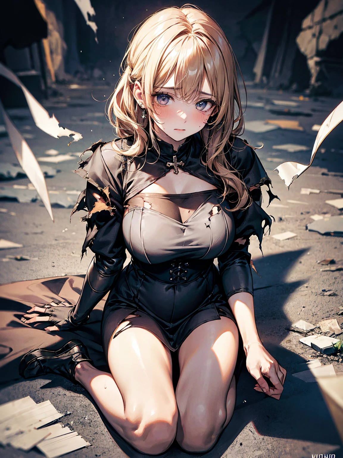 absurdres, RAW photo, extremely delicate and beautiful, masterpiece, Best Quality, ultra high resolution, 32k, hyperrealistic, ultra-detailed, 20 years old, detailed beautiful face, tearful mole, earring, very huge round breasts, short medium hair, wavy hair, wet clothes, (full body shot), alone, blonde hair, gauntlets, Joan of Arc, (surcoat), (cross armor), break ((torn clothes:1.4)), ((missionary:1.3)), spread legs, Break in horror dark cave, break embarrassed, blush, defiant look, gazing, Break from above