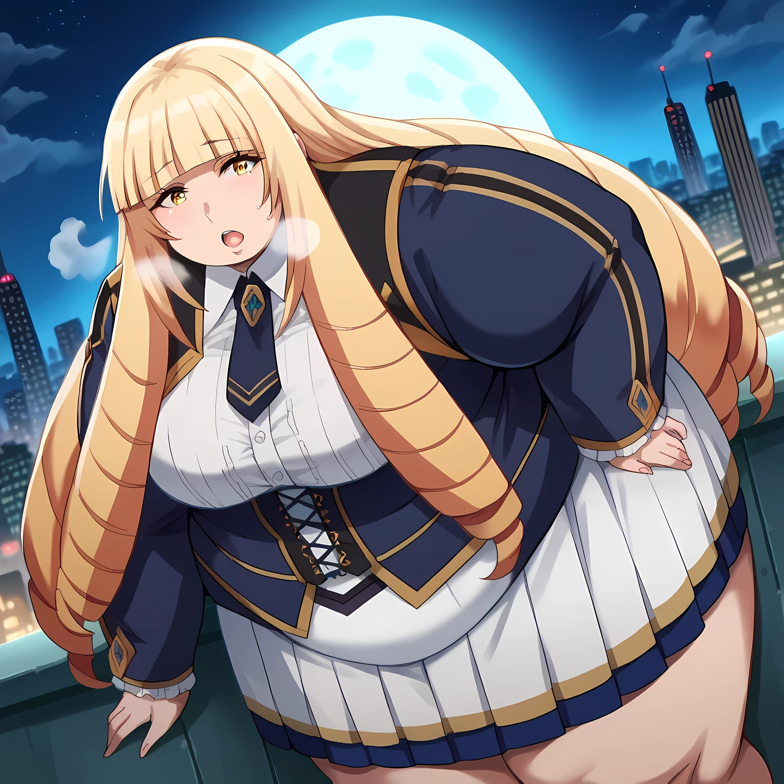 score_9, score_8_up, score_7_up, source_anime, orianarose, oriana rose, long hair, blonde hair, yellow eyes, drill hair, bangs, blunt bangs, mature female, skirt, jacket, necktie, white skirt, corset, outdoors, cityscape, night, moon, bent over, looking at viewer, dutch angle,fat, chubby, obese, gigantic arms and legs, large breasts open mouth, out of breath