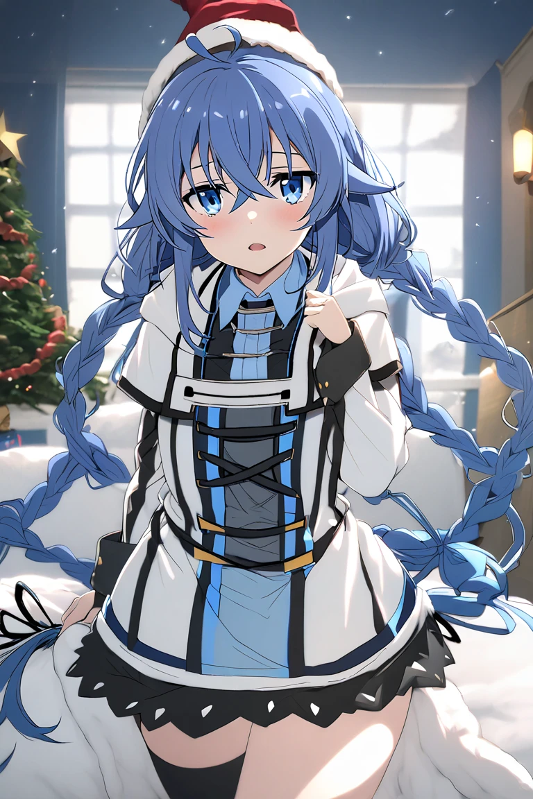 Roxy Migurdia, long blue hair,  Blue eyes, Christmas,