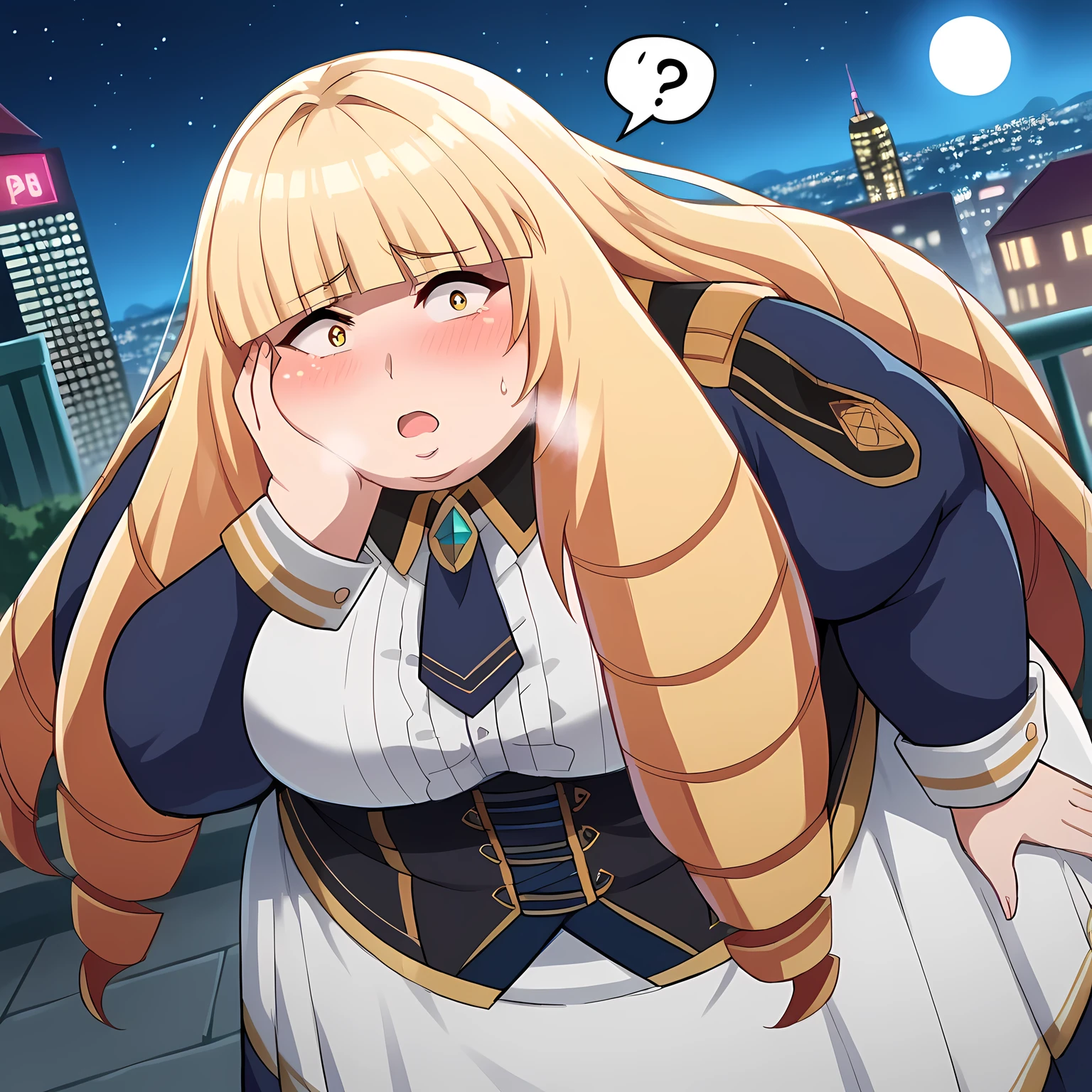 score_9, score_8_up, score_7_up, source_anime, orianarose, oriana rose, long hair, blonde hair, yellow eyes, drill hair, bangs, blunt bangs, mature female, skirt, jacket, necktie, white skirt, corset, outdoors, cityscape, night, moon, bent over, looking at viewer, dutch angle,swollen face, fat, chubby, obese, open mouth, out of breath, absurdres, highres icon, rating:General, confused, blush, spoken question mark, {flustered}, nervous sweating, portrait, pov hands, hand on another's cheek, averting eyes, [looking away], straight-on, from above,  upper body, masterpiece, best quality, ultra-detailed, high resolution, 8K, absurdres, highres icon,