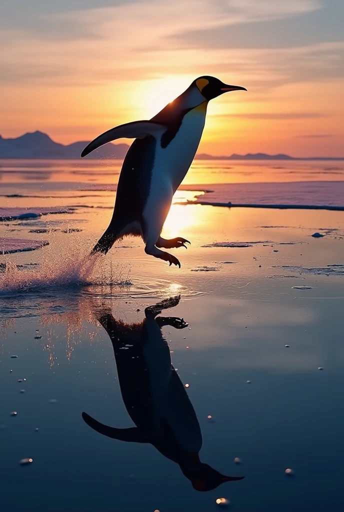 A dynamic scene of an Emperor Penguin jumping,with its shadow reflected on the water surface, set in the Arctic during sunset. The image captures the realism and energy of the moment, emphasizing the penguin's shadow as the focal point, showcasing the vibrant colors of the evening sky and the calm water.,((silhouette focus)),emperor penguin、jumping、Shadow claim、Perfect shadow form、casting a prominent shadow on the ice,fisheye,set in the Arctic during sunset.(From above)、The scene should be realistic, showcasing the contrast between the dark figure of the penguin and the shimmering ice surface reflecting the evening light.,