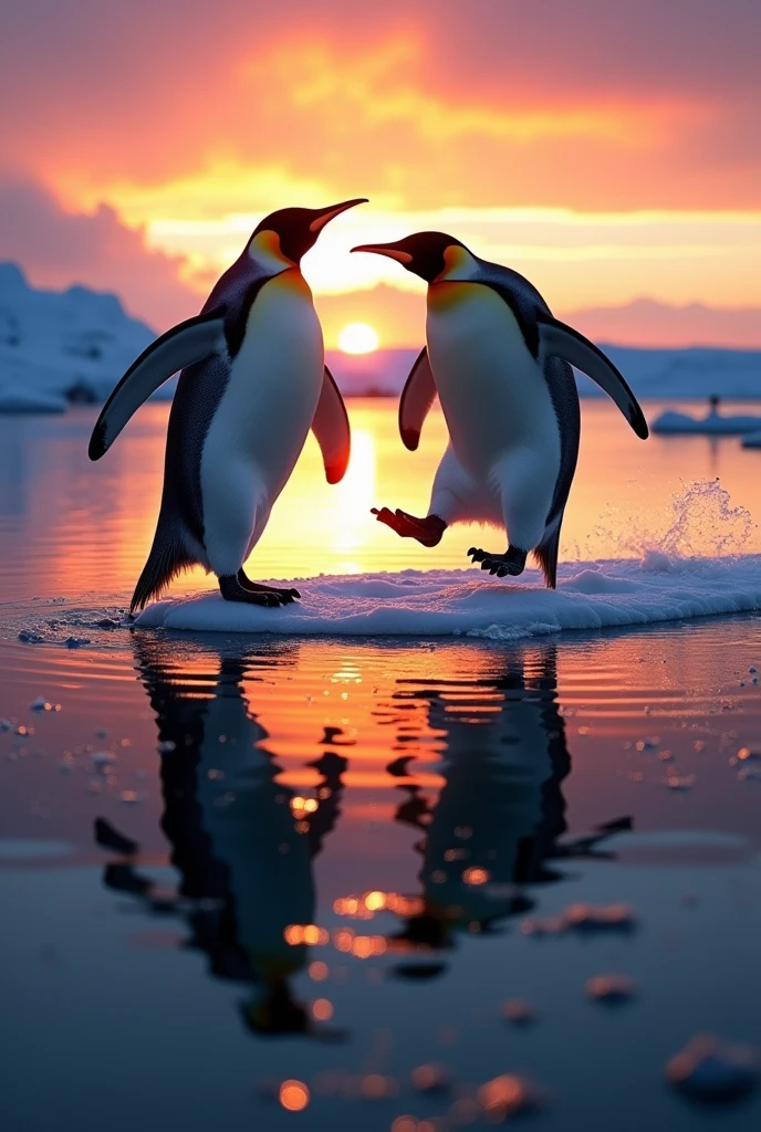 A dynamic scene of an Emperor Penguin jumping,with its shadow reflected on the water surface, set in the Arctic during sunset. The image captures the realism and energy of the moment, emphasizing the penguin's shadow as the focal point, showcasing the vibrant colors of the evening sky and the calm water.,((silhouette focus)),emperor penguin、jumping、Shadow claim、Perfect shadow form、casting a prominent shadow on the ice,fisheye,set in the Arctic during sunset.(From above)、The scene should be realistic, showcasing the contrast between the dark figure of the penguin and the shimmering ice surface reflecting the evening light.,