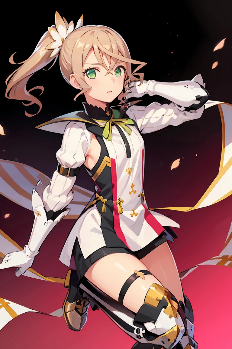 alisha diphda, blonde hair, dress, green eyes, side ponytail, hair between eyes, hair ornament, knee boots, greaves, thigh strap, white gloves,  gauntlets, long sleeves,