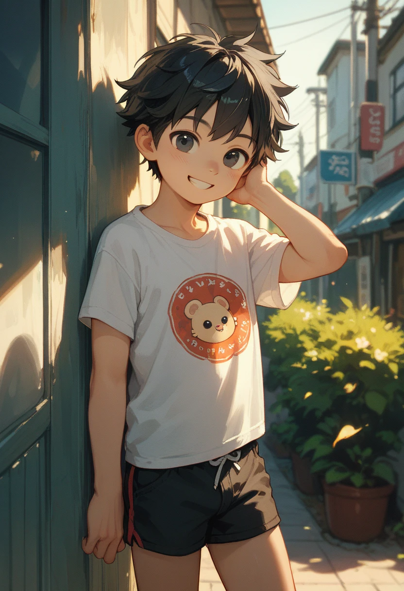 a japanese small young boy,cute,black hair,black eyes,t shirt,short pants,smiling,