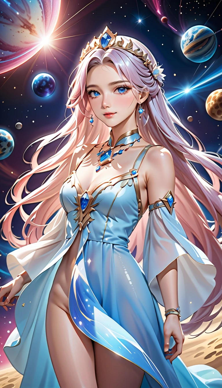 ( best quality, High image quality,  high definition , 8k), The most beautiful goddess,  Anatomically Beautiful Body , Beautiful blue eyes, Beautiful pink lips,  perfect face,  Long Silky Straight Silver Hair, whole body,  White and Light Blue Royal Tunic ,  Quartz and Sapphire Crown ,  standing, Detailed illustrated art with quiet hand and foot movements ,  look at me and smile, Celestial Bodies, planet, nebula, solar system,  starry sky , meteor,  detailed illustrated art including backgrounds, 