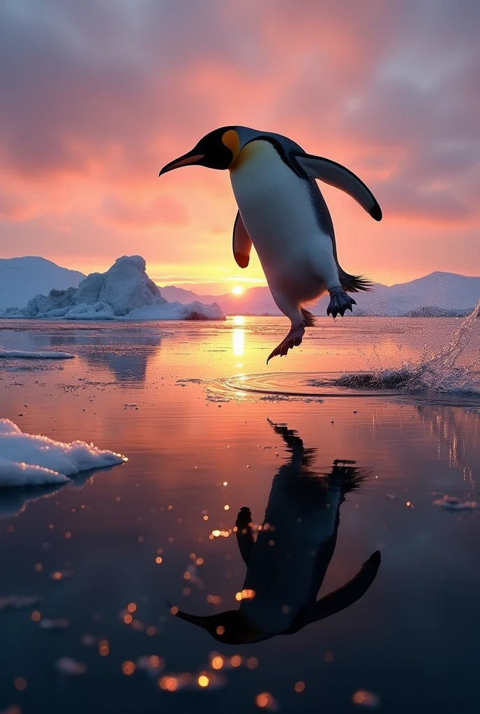 A dynamic scene of an Emperor Penguin jumping,with its shadow reflected on the water surface, set in the Arctic during sunset. The image captures the realism and energy of the moment, emphasizing the penguin's shadow as the focal point, showcasing the vibrant colors of the evening sky and the calm water.,((silhouette focus)),emperor penguin、jumping、Shadow claim、Perfect shadow form、casting a prominent shadow on the ice,fisheye,set in the Arctic during sunset.(From above)、The scene should be realistic, showcasing the contrast between the dark figure of the penguin and the shimmering ice surface reflecting the evening light.,