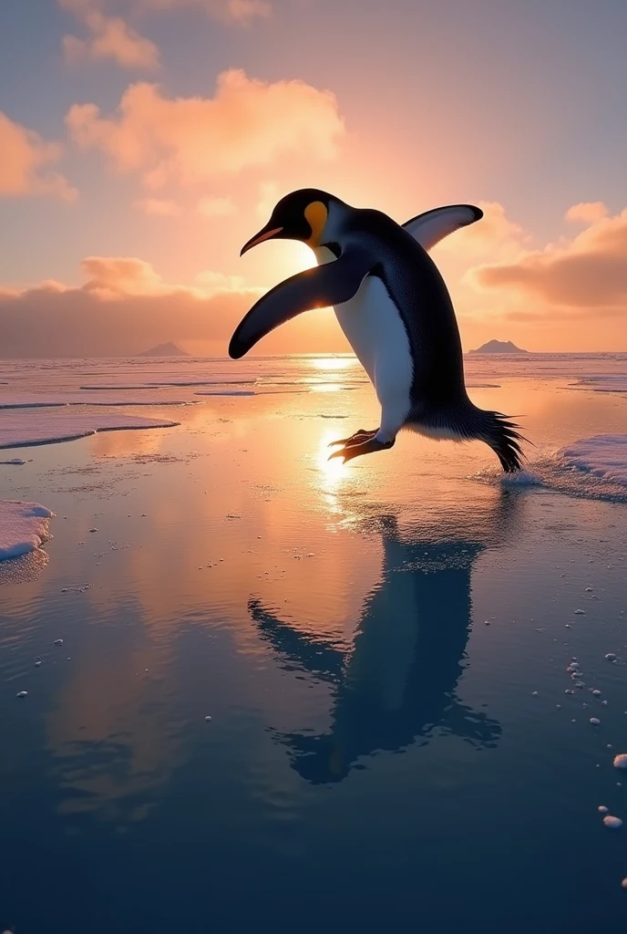 A dynamic scene of an Emperor Penguin jumping,with its shadow reflected on the water surface, set in the Arctic during sunset. The image captures the realism and energy of the moment, emphasizing the penguin's shadow as the focal point, showcasing the vibrant colors of the evening sky and the calm water.,((silhouette focus)),emperor penguin、jumping、Shadow claim、Perfect shadow form、casting a prominent shadow on the ice,fisheye,set in the Arctic during sunset.(From above)、The scene should be realistic, showcasing the contrast between the dark figure of the penguin and the shimmering ice surface reflecting the evening light.,