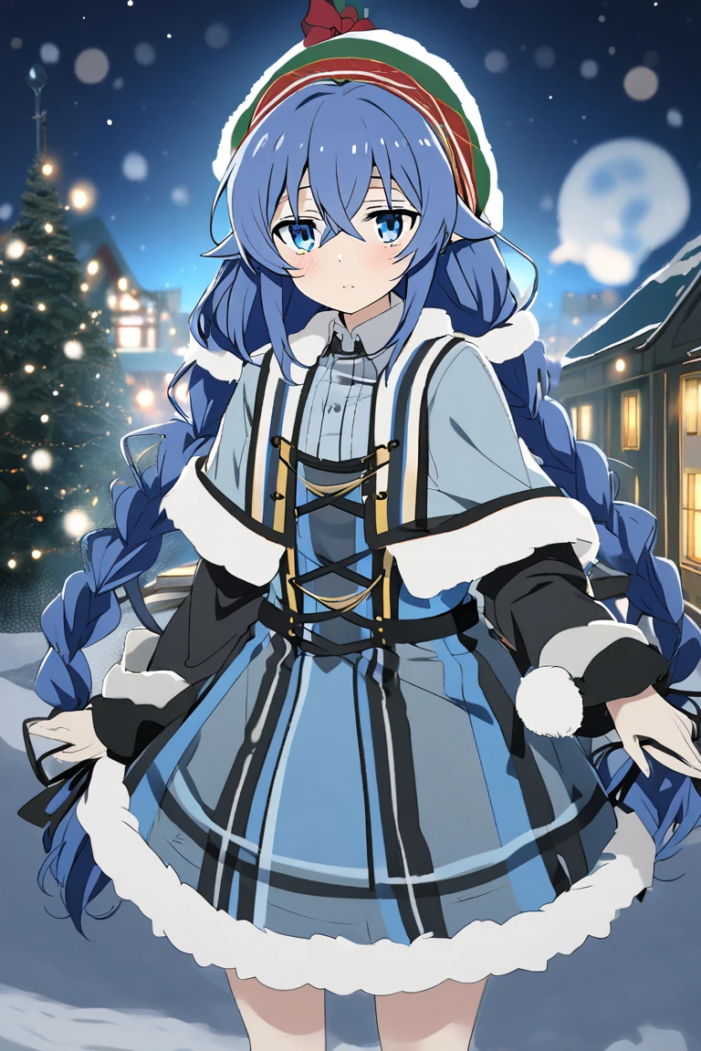 Roxy Migurdia, long blue hair,  Blue eyes, Christmas, Christmas costume,