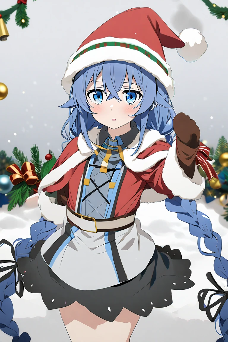 Roxy Migurdia, long blue hair,  Blue eyes, Christmas, Christmas costume,