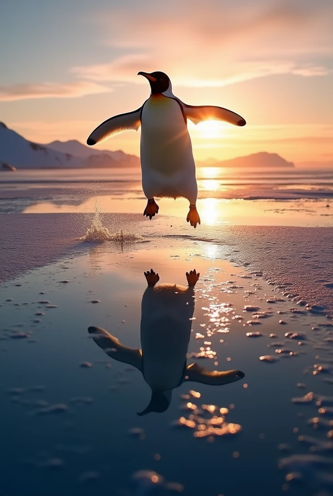 A dynamic scene of an Emperor Penguin jumping,with its shadow reflected on the water surface, set in the Arctic during sunset. The image captures the realism and energy of the moment, emphasizing the penguin's shadow as the focal point, showcasing the vibrant colors of the evening sky and the calm water.,((silhouette focus)),emperor penguin、jumping、Shadow claim、Perfect shadow form、casting a prominent shadow on the ice,fisheye,set in the Arctic during sunset.(From above)、The scene should be realistic, showcasing the contrast between the dark figure of the penguin and the shimmering ice surface reflecting the evening light.,