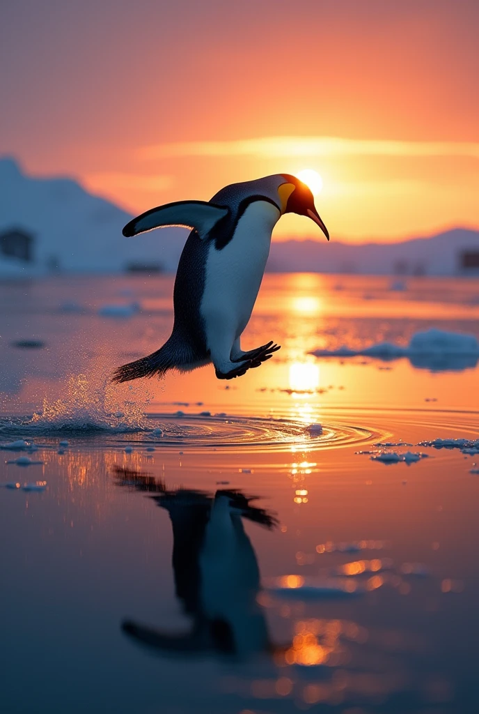 A dynamic scene of an Emperor Penguin jumping,with its shadow reflected on the water surface, set in the Arctic during sunset. The image captures the realism and energy of the moment, emphasizing the penguin's shadow as the focal point, showcasing the vibrant colors of the evening sky and the calm water.,((silhouette focus)),emperor penguin、jumping、Shadow claim、Perfect shadow form、casting a prominent shadow on the ice,fisheye,set in the Arctic during sunset.(From above)、The scene should be realistic, showcasing the contrast between the dark figure of the penguin and the shimmering ice surface reflecting the evening light.,