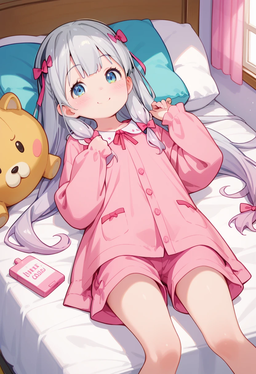 best quality, high resolution, 8k, ((loli)), solo, blush, small breasts, (Sagiri Izumi, long hair, blue eyes, ribbon, hair ribbon, gray hair, pink ribbon, ribbon, shorts, pink shirt, pajamas, pink shorts), smile, room, pink curtain, bed, stuffed toy, lying on bed, on back, pillow, from above