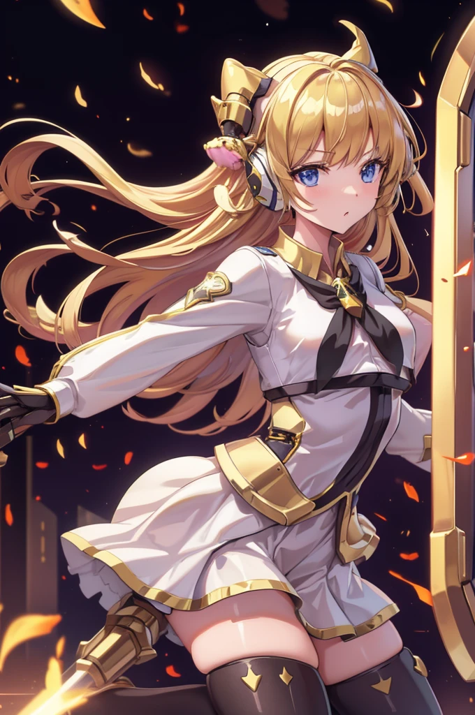 Rin々Funny face、mecha wing、Golden Wings、Thighs、tights、chest、 shiny blond hair、 1 girl、 solo girl 、 headset 、mecha girl、White clothes、Golden mini skirt、 has a sword、sword、 has a shield、shield、priestess