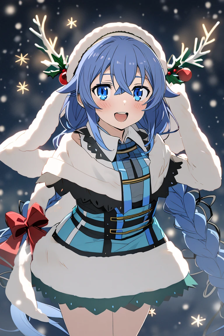 Roxy Migurdia, long blue hair,  Blue eyes, Christmas, Christmas dress , happy,