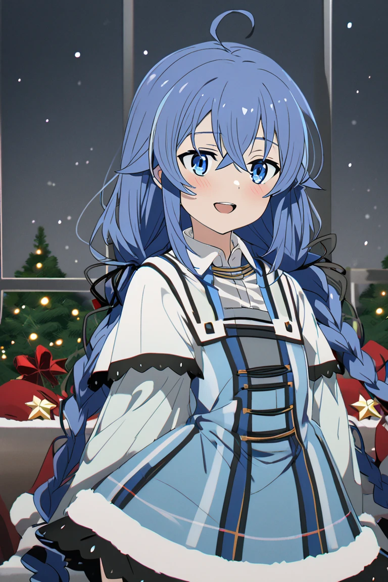 Roxy Migurdia, long blue hair,  Blue eyes, Christmas, Christmas dress , happy,