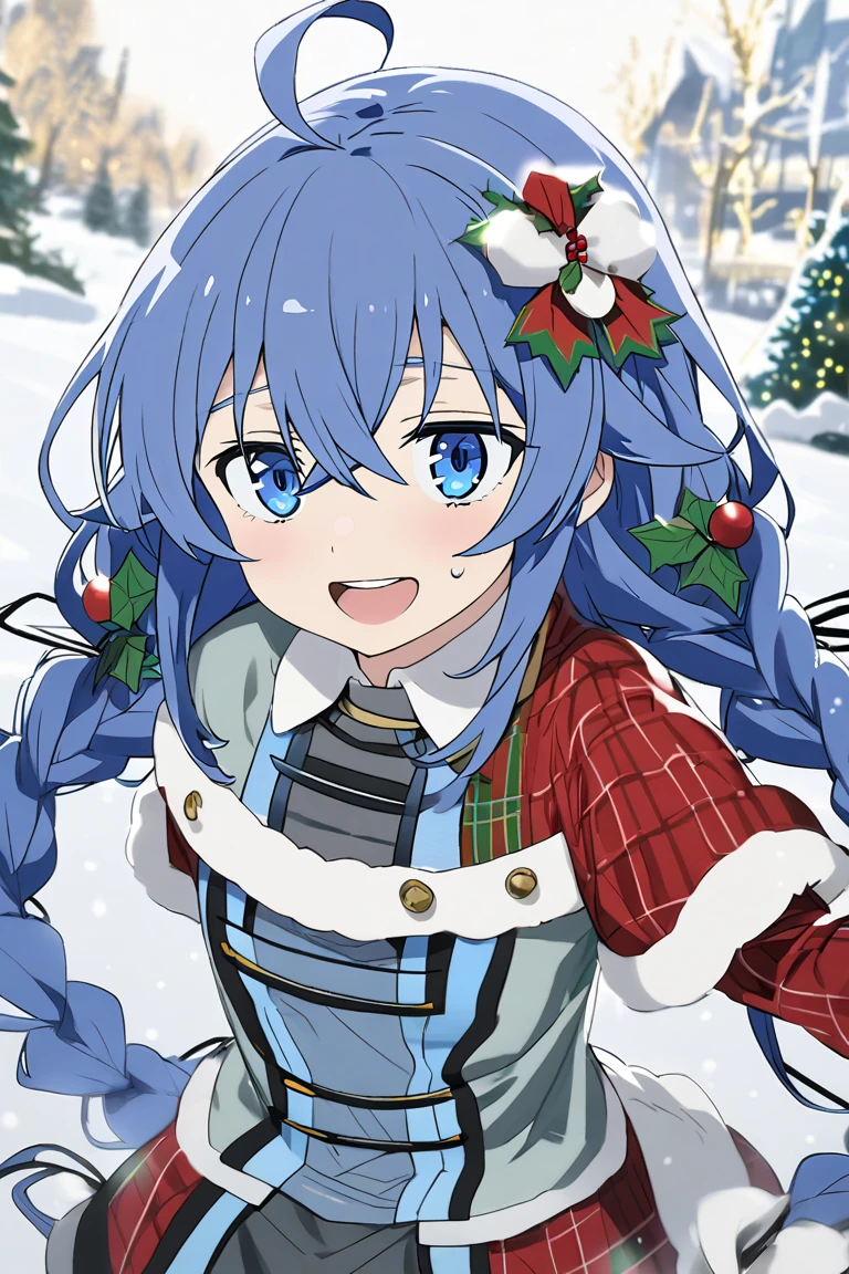 Roxy Migurdia, long blue hair,  Blue eyes, Christmas, Christmas dress , happy,