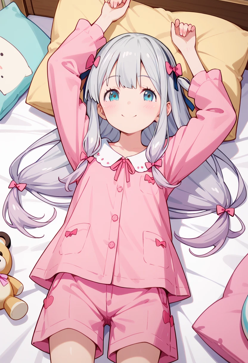 best quality, high resolution, 8k, solo, blush, small breasts, (Sagiri Izumi, long hair, blue eyes, ribbon, hair ribbon, gray hair, pink ribbon, ribbon, shorts, pink shirt, pajamas, pink shorts), smile, room, pink curtain, bed, stuffed toy, lying on bed, on back, pillow, from above, up arms