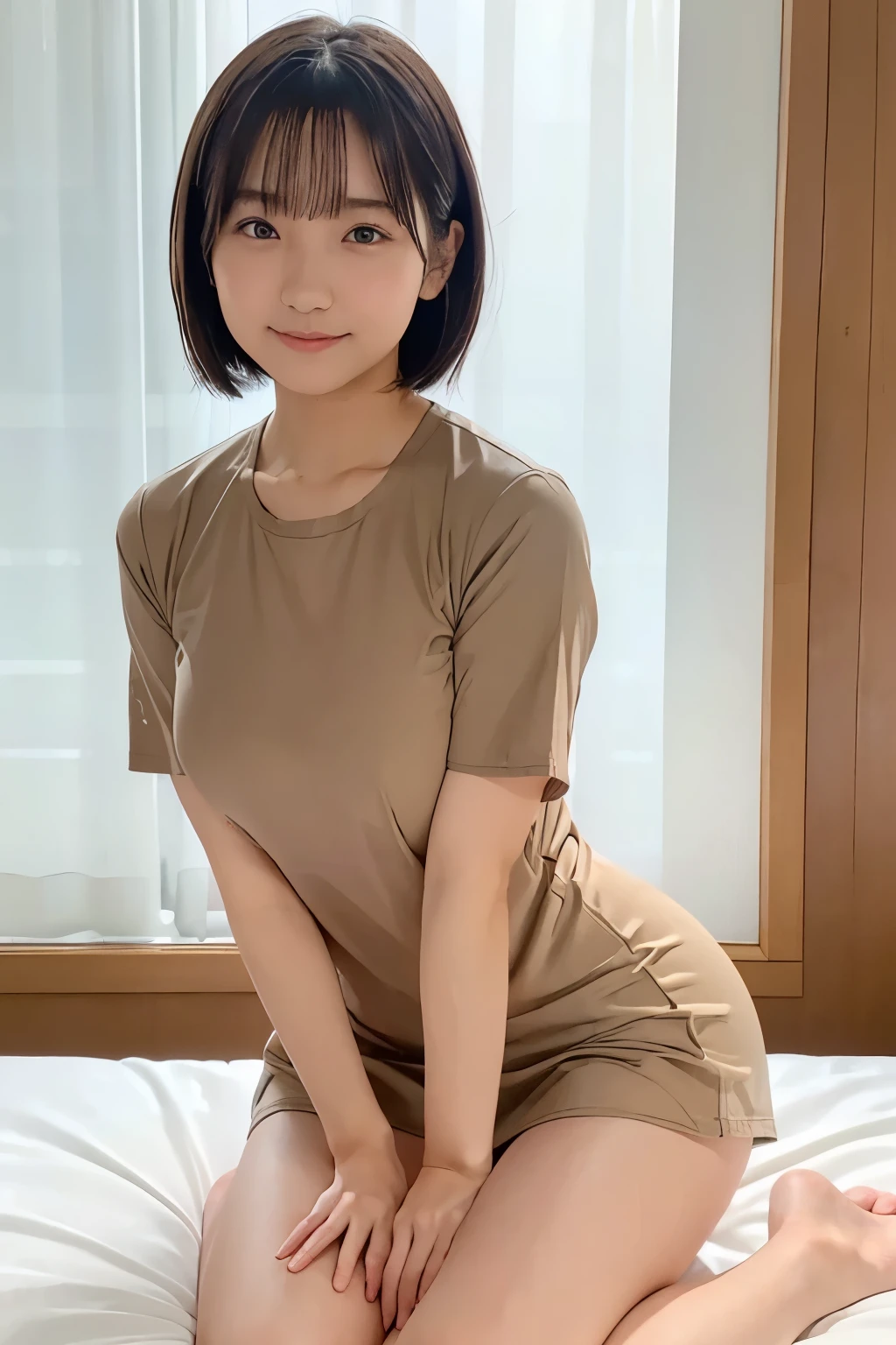 Bedroom、There is a woman sitting with her hair pulled back., Open long T-shirt、((I don't wear anything on my lower body))、Sitting on the bed、red, harumi, Short hair, Park Jimin, Choi Hong-hwa, narumi kakinouchi、Short Hair、Loose and fluffy hair、