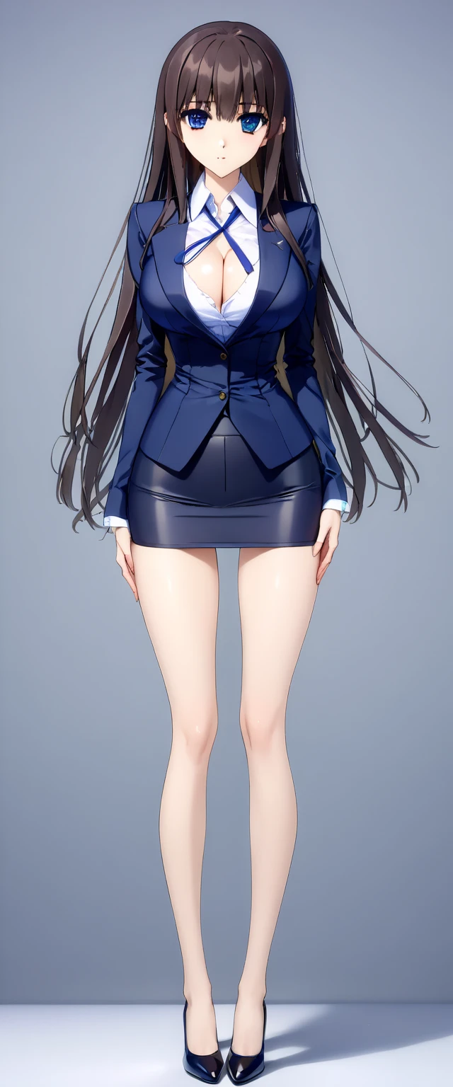 Megumi Kato,  1 girl , Alone, bangs,  brown hair, (((Female lawyer, ( formal suit micro mini skirt that shows only a little bit of crotch,  High Waist Micro Mini Pencil Skirt ),  white shirt,   Navy Blue Jacket,Big Breasts、 cleavage、Thin legs)))、 perfect body,  Anime Virtual YouTuber Full Body Model , ((Full body of a single character,  standing in a splendid posture , short!,  full body shot超詳細))、 skinny, Alone, 1 female,   Masterpiece ,   best quality ,   best quality , 16k,  Incredibly Ridiculous,  high definition, 2.5D, AI-generated, Delicate and dynamic,  Very delicate facial expression,  delicate eye depiction,  Erotic , only  sexy woman, ((A cute and kind face)),((((Beautifully detailed eyes、 beautiful detailed eyes from outside the train))))、 Healthy body shape, ((25-year-old woman)), Height: 170cm,  Moderately Firm Swaying Bust , sexy, (( Thin Thighs )),,  shiny, 視聴者にfrontを向いている, smile, ((Oily_skin)), (((( full body shot、 straight hair)))),  Erotic  pose,  fashion model posing with faded gray hair,   fashion model style DJ, (((micro mini length pencilskirt、front、You can fully see your thighs 、Very thin thighs、Long beautiful legs、痩せていてBig Breasts、navy blue flawless micro mini pencil skirt)))、whole body、entire body、full body、total body、(((( full body standing picture、downwards、from front、Simple Background))))、I can't see the navel、I can&#39;t see the panties