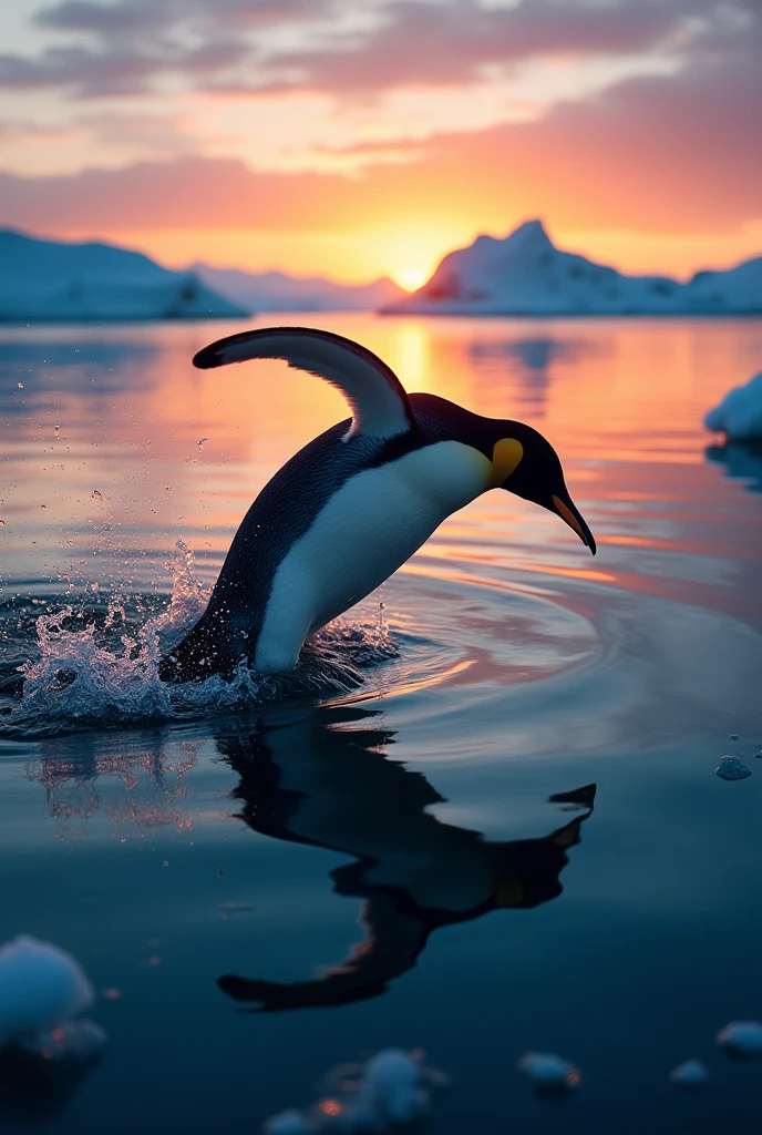 A dynamic scene of an Emperor Penguin jumping,with its shadow reflected on the water surface, set in the Arctic during sunset. The image captures the realism and energy of the moment, emphasizing the penguin's shadow as the focal point, showcasing the vibrant colors of the evening sky and the calm water.,((silhouette focus)),emperor penguin、jumping、Shadow claim、Perfect shadow form、casting a prominent shadow on the ice,fisheye,set in the Arctic during sunset.(From above)、The scene should be realistic, showcasing the contrast between the dark figure of the penguin and the shimmering ice surface reflecting the evening light.,