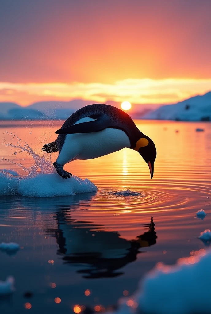 A dynamic scene of an Emperor Penguin jumping,with its shadow reflected on the water surface, set in the Arctic during sunset. The image captures the realism and energy of the moment, emphasizing the penguin's shadow as the focal point, showcasing the vibrant colors of the evening sky and the calm water.,((silhouette focus)),emperor penguin、jumping、Shadow claim、Perfect shadow form、casting a prominent shadow on the ice,fisheye,set in the Arctic during sunset.(From above)、The scene should be realistic, showcasing the contrast between the dark figure of the penguin and the shimmering ice surface reflecting the evening light.,