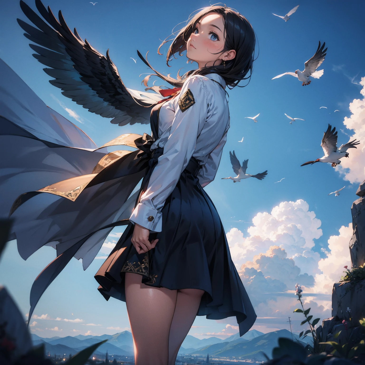 a beautiful girl looking up at the sky, beautiful birds flying in the air, the birds' shadows reflected in the sky, cinematic composition, surreal atmosphere, highly detailed, hyper realistic, 8k, photorealistic, masterpiece, vibrant colors, dramatic lighting, volumetric lighting, cinematic depth of field, seamless blending of elements, stunning beauty, ethereal, captivating, awe-inspiring