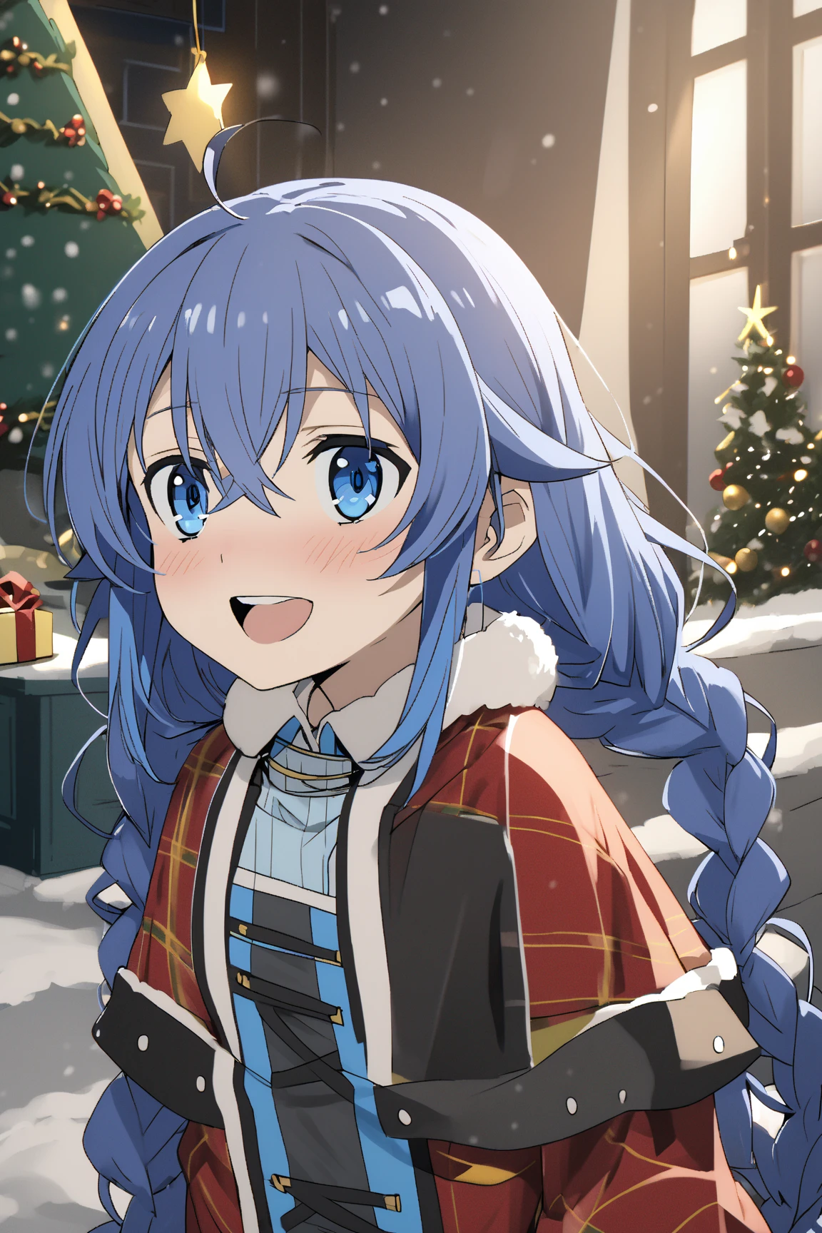 Roxy Migurdia, long blue hair,  Blue eyes, Christmas, Christmas dress , happy,