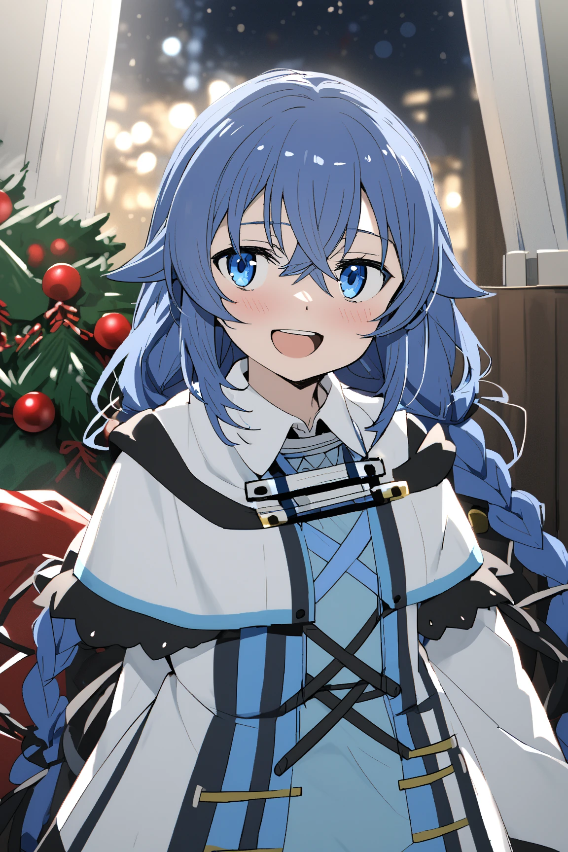 Roxy Migurdia, long blue hair,  Blue eyes, Christmas, Christmas dress , happy,