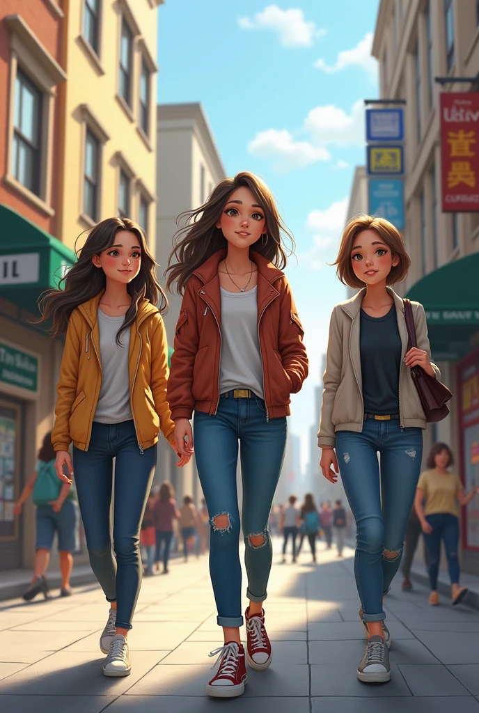 Imagem estilo Disney pixar de um menina de 15 anos, pele clara, cabelos encaracolados, cabelo tamanho curto, cabelo preto, sorriso bonito, olhos castanhos,  orelha pequena com um pequeno brinco de argola prateado, usando blusa na cor preta, blusa manga curta, barriga a mostra, Light-colored jeans with side pockets, casaco amarrado na cintura, white sneakers, andando num shopping,  for a story in a YouTube video in Pixar format, she's Ana Beatriz