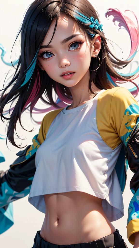 ultra resolution,
(photorealistic:1.3),
1 (slim:1.2) girl, solo, close up, upper body,
look at viewer,
paint splash, multicolor paint, multicolor, colorful