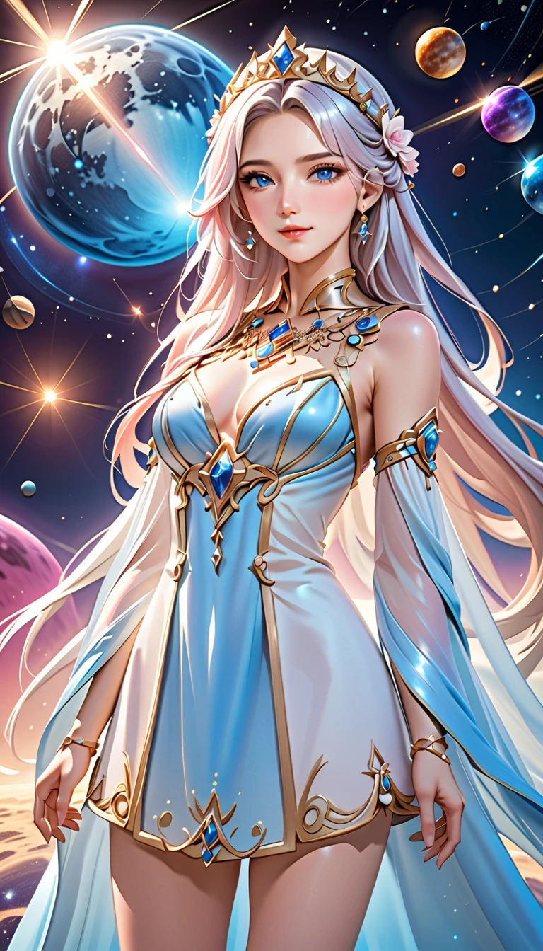 ( best quality, High image quality,  high definition , 8k), The most beautiful goddess,  Anatomically Beautiful Body , Beautiful blue eyes, Beautiful pink lips,  perfect face,  Long Silky Straight Silver Hair, whole body,  White and Light Blue Royal Tunic ,  Quartz and Sapphire Crown ,  standing, Detailed illustrated art with quiet hand and foot movements ,  look at me and smile, Celestial Bodies, planet, nebula, solar system,  starry sky , meteor,  detailed illustrated art including backgrounds, 