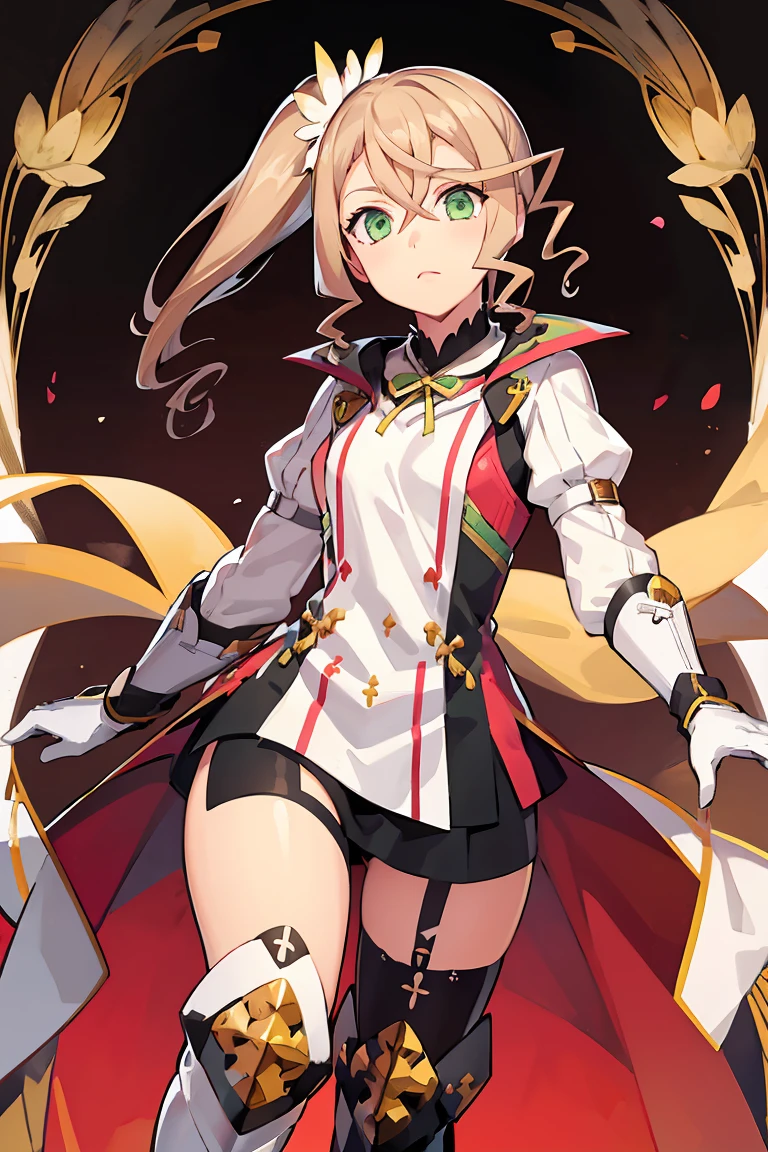 alisha diphda, blonde hair, dress, green eyes, side ponytail, hair between eyes, hair ornament, knee boots, greaves, thigh strap, white gloves,  gauntlets, long sleeves, lance in both hands 