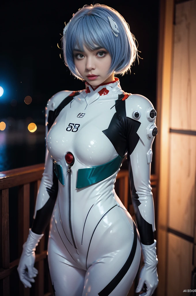 (actual, realisticlying), ayanami_beautiful, 1个Giant Breast Girl, blue short hair, white hair ornament, ((White jumpsuit, mitts)), upper legs, The upper part of the body,(cow boy shot),(tmasterpiece, high qulity, Best quality at best), (Colorful),(delicate eyes and face), volumettic light, Ray traching, extremely detaild的 CG unified 8k wallpapers,Alone((Fly petals)),Outdoor activities, ((cyber punk perssonage)), Digital City, ((neon trim)), the night,(view over city),