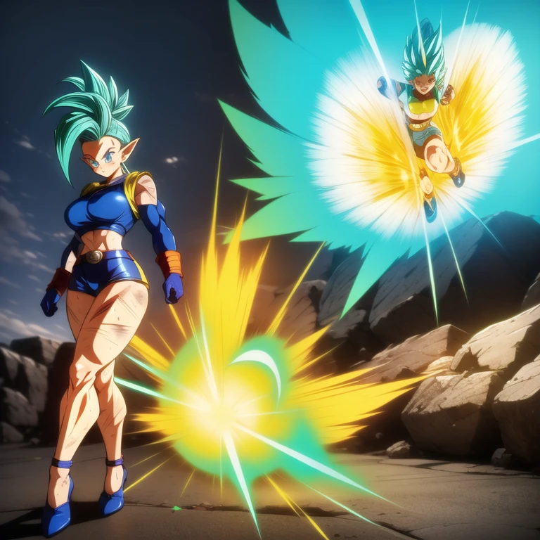 dbsuper style, 1
Girl, captain mizuki, green aura, super saiyan's aura, belt, pointed ears, elf ears, light-blue colored hair, huge hair, bruise, bruise on face, clenched hands, frown, gloves, blue eyes, grey gloves, serious, medium breasts, Aura around her, solo, high ponytail, mouth opened, furious, saiyan armor, armor,  powering up aura
, ((masterpiece)) 
